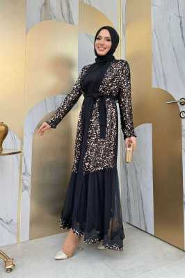 Bym Fashion Büyük Beden Tül İşleme Detay Pul Payetli Abaya 7376-1 Gümüş Bym.000953-953