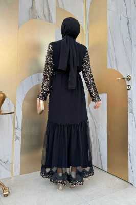 Bym Fashion Büyük Beden Tül İşleme Detay Pul Payetli Abaya 7376-1 Gümüş Bym.000953-953