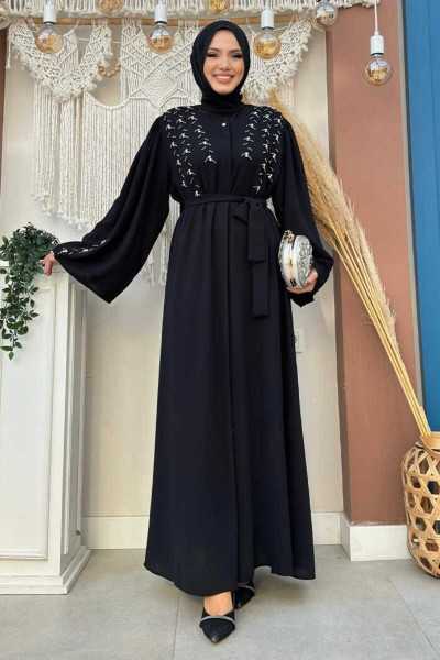 Bym Fashion Stone Beaded Embroidery Detailed Abaya 7882 Black