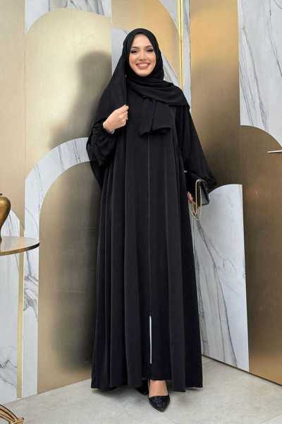 Bym Fashion Oval Drawstring Sleeve Cuffs Elasticated Zipper Full Length Abaya Bym5 Black bym5