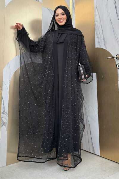 Bym Fashion Stone Detailed Yasarakol Tulle Abaya 7881 Black