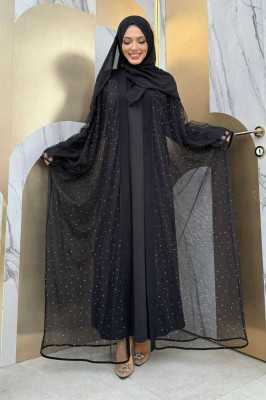 Bym Fashion Taş Detaylı Yasarakol Tül Abaya 7881 Siyah