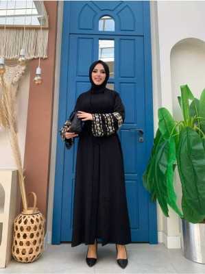 Bym Fashion Kol İşlemeli Bel Kuşaklı Abaya 7814 Siyah TYCQWZXPNN169771436177904