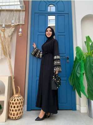 Bym Fashion Kol İşlemeli Bel Kuşaklı Abaya 7814 Siyah TYCQWZXPNN169771436177904