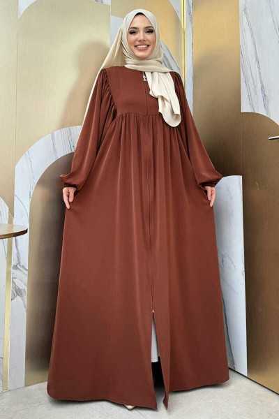 Bym Fashion Sleeve Drawstring Detail Zippered Shabby Abaya Bym6 Brown bym6