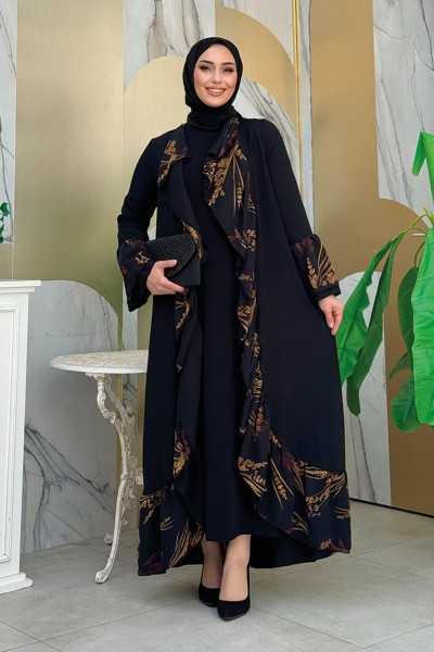 Bym Fashion Floral Print Ruffled Abaya 7908 Black