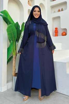 Bym Fashion Zincir Püskül Detay Şallı Abaya 7887 Siyah