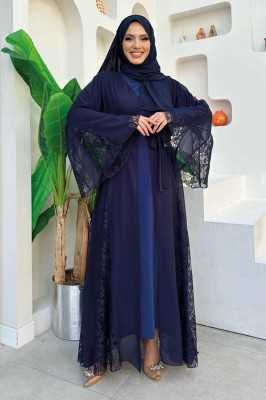 Bym Fashion Dantel İşleme Detay Kuşaklı Şifon Abaya 7886 Lacivert