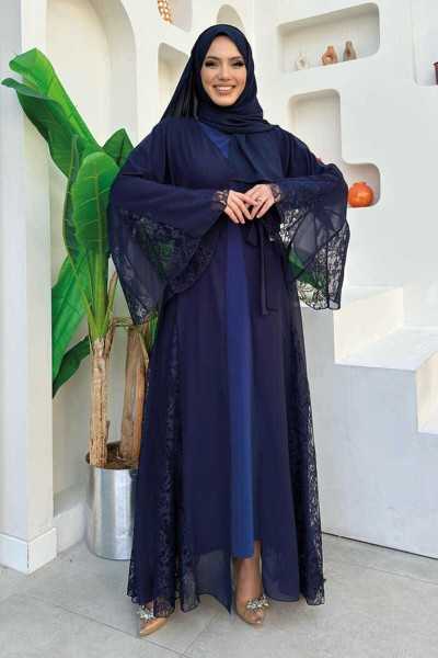 Bym Fashion Lace Embroidery Detail Belted Chiffon Abaya 7886 Navy Blue