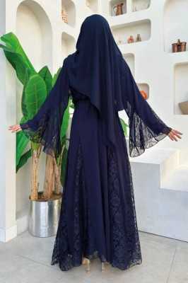 Bym Fashion Dantel İşleme Detay Kuşaklı Şifon Abaya 7886 Lacivert