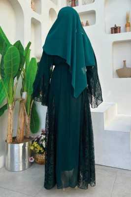 Bym Fashion Dantel İşleme Detay Kuşaklı Şifon Abaya 7886 Lacivert