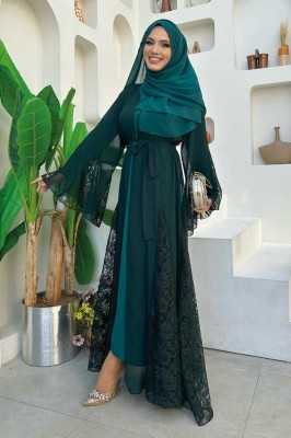 Bym Fashion Dantel İşleme Detay Kuşaklı Şifon Abaya 7886 Lacivert