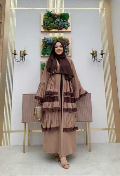 Bym Fashion Sleeve Cuffs and Skirt Layered Lace Look Abaya 7807 Mink BYM.002143-2143