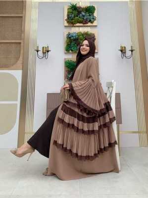 Bym Fashion Kol Manşetleri ve Eteği Kat Kat Dantel Görünümlü Abaya 7807 Vizon BYM.002143-2143