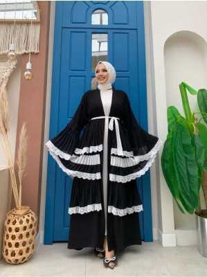 Bym Fashion Kol Manşetleri ve Eteği Kat Kat Dantel Görünümlü Abaya 7807 Vizon BYM.002143-2143