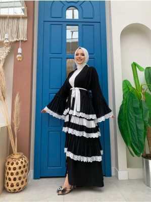 Bym Fashion Kol Manşetleri ve Eteği Kat Kat Dantel Görünümlü Abaya 7807 Vizon BYM.002143-2143