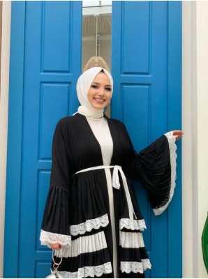 Bym Fashion Kol Manşetleri ve Eteği Kat Kat Dantel Görünümlü Abaya 7807 Vizon BYM.002143-2143