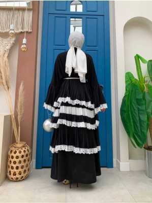 Bym Fashion Kol Manşetleri ve Eteği Kat Kat Dantel Görünümlü Abaya 7807 Vizon BYM.002143-2143