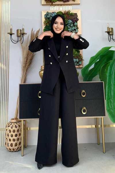 Bym Fashion Button Detail Blazer Jacket Loose Pants Set 8302 Black 2273