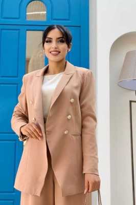 Bym Fashion Düğme Detay Blazer Ceket Bol Pantolon Takım 8302 Vizon 2272