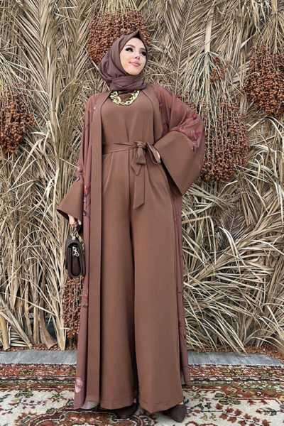 Bym Fashion Patterned Abaya Flat Pocket Detail Belted Zero Sleeve Jumpsuit Set 8312 Brown 8187