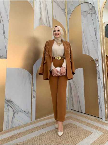 Bym Fashion Pearl Detailed Jacket and Pants Set 8406 Tan 9066