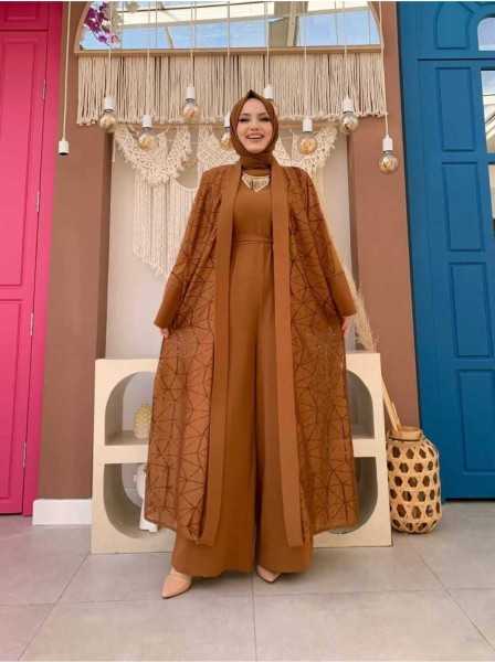 Bym Fashion Lace Abaya Waist Belted Pocket Detailed Jumpsuit Set 3782 Tan 8741