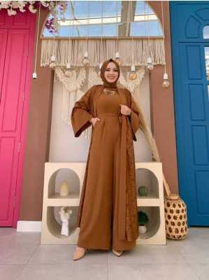 Bym Fashion Dantel Abaya Bel Kuşaklı Cep Detaylı Tulum Takım 3782 Taba 8741