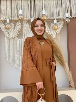 Bym Fashion Dantel Abaya Bel Kuşaklı Cep Detaylı Tulum Takım 3782 Taba 8741