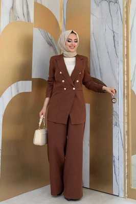 Bym Fashion Düğme Detay Blazer Ceket Bol Pantolon Takım 8302 Kahverengi 2275