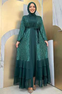 Bym Fashion Pulpayet İşlemeli Abaya ve Elbise Takım 8483 Zümrüt