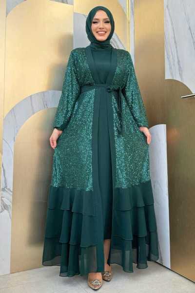 Bym Fashion Pulpayet İşlemeli Abaya ve Elbise Takım 8483 Zümrüt