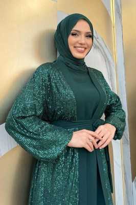 Bym Fashion Pulpayet İşlemeli Abaya ve Elbise Takım 8483 Zümrüt