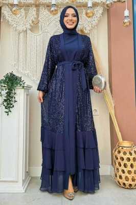 Bym Fashion Pulpayet İşlemeli Abaya ve Elbise Takım 8483 Zümrüt