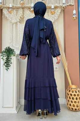 Bym Fashion Pulpayet İşlemeli Abaya ve Elbise Takım 8483 Zümrüt