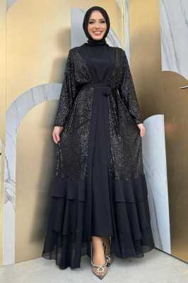 Bym Fashion Pulpayet İşlemeli Abaya ve Elbise Takım 8483 Zümrüt