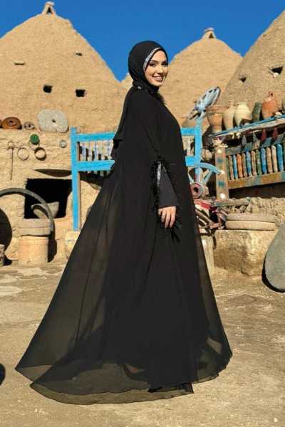 Bym Fashion Tasseled Collar Stone Detailed Abaya Dress Set 8494 Black