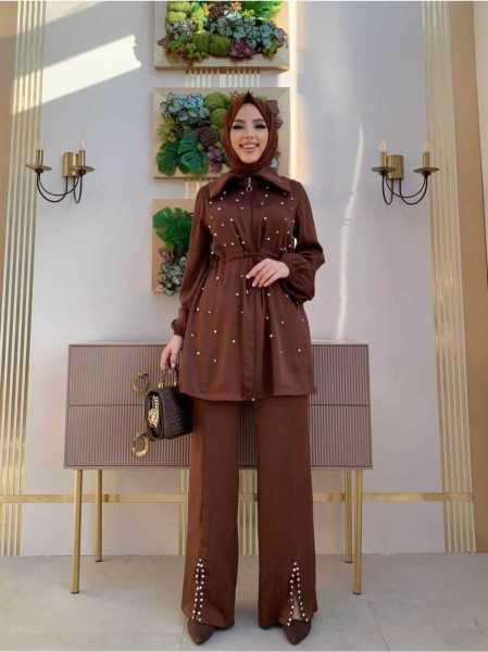 Bym Fashion Pearl Length Zipper Jacket and Slit Detailed Pants Set 8415 Brown 8786