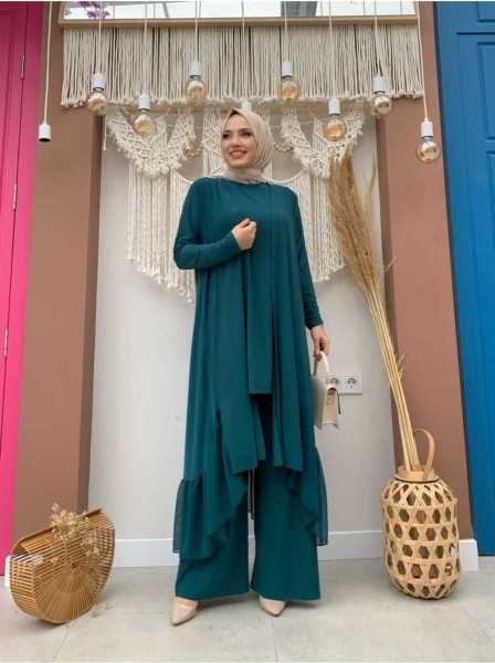 Bym Fashion Chiffon Ruffle Look Abaya Triple Set 8411 Emerald 9073