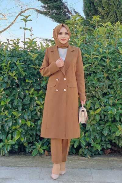 Bym Fashion Pocket and Button Look Long Jacket Pants Set 8357 Tan 2888