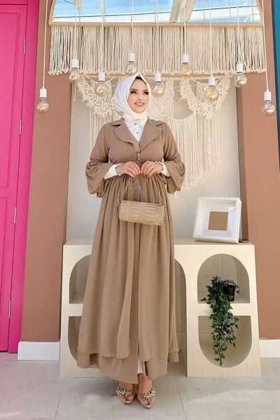 Bym Fashion Belt Accessories Chiffon Detailed Abaya and Underwear Set 8391 Mink 3821