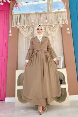 Bym Fashion Kemer Aksesualrı Şifon Detaylı Abaya ve İçlik Takım 8391 Vizon 3821