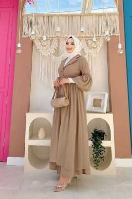 Bym Fashion Kemer Aksesualrı Şifon Detaylı Abaya ve İçlik Takım 8391 Vizon 3821