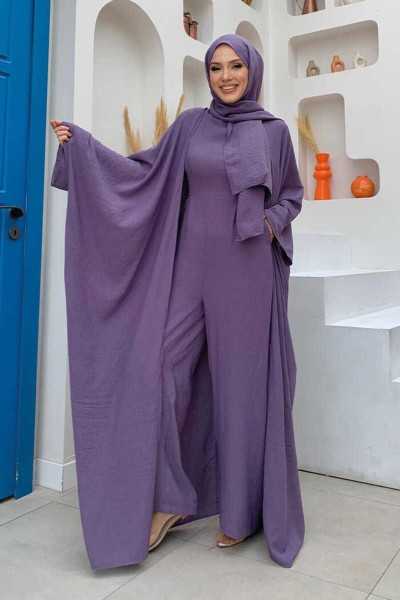 Bym Fashion Jumpsuit with Shawl and Abaya Double Set 8519 Lilac