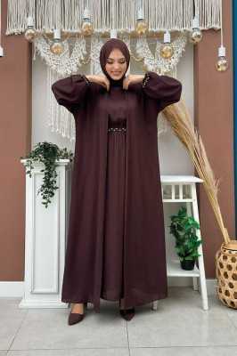 Bym Fashion Bel Bilek Kısımları Taşlı Elbiseli Abaya Takım 8490 Kahverengi