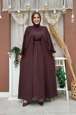 Bym Fashion Bel Bilek Kısımları Taşlı Elbiseli Abaya Takım 8490 Kahverengi