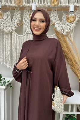 Bym Fashion Bel Bilek Kısımları Taşlı Elbiseli Abaya Takım 8490 Kahverengi