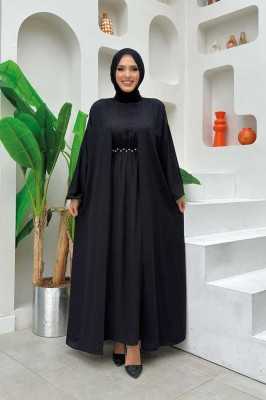 Bym Fashion Bel Bilek Kısımları Taşlı Elbiseli Abaya Takım 8490 Kahverengi